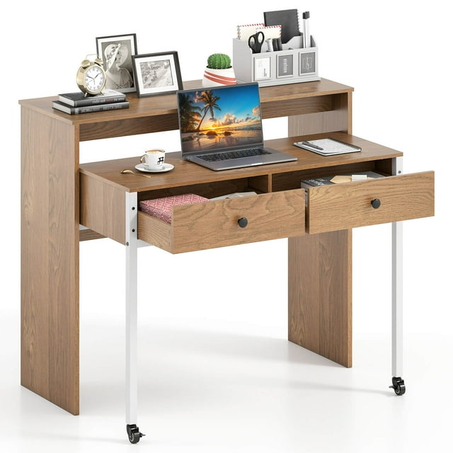 Costway Bureau d'Ordinateur Roulant Extensible de 39,5 Pouces avec Tablette pour Moniteur, Surface à 2 Niveaux, 2 Tiroirs, Naturel