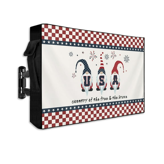 National Flag Day Gnomes Fireworks Outdoor TV Cover 48 to 50 Inch Waterproof, Red Black Checker Buffalo 600D Oxford TV Covers with Zipper, Outside Flat TV Screen Protector 48"Wx30"Hx4.5"D