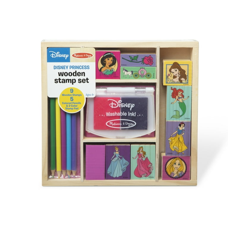 Melissa Doug Disney Princess Wooden Stamp Set 9 Stamps 5 Colored Pencils and 2 Color Stamp Pad