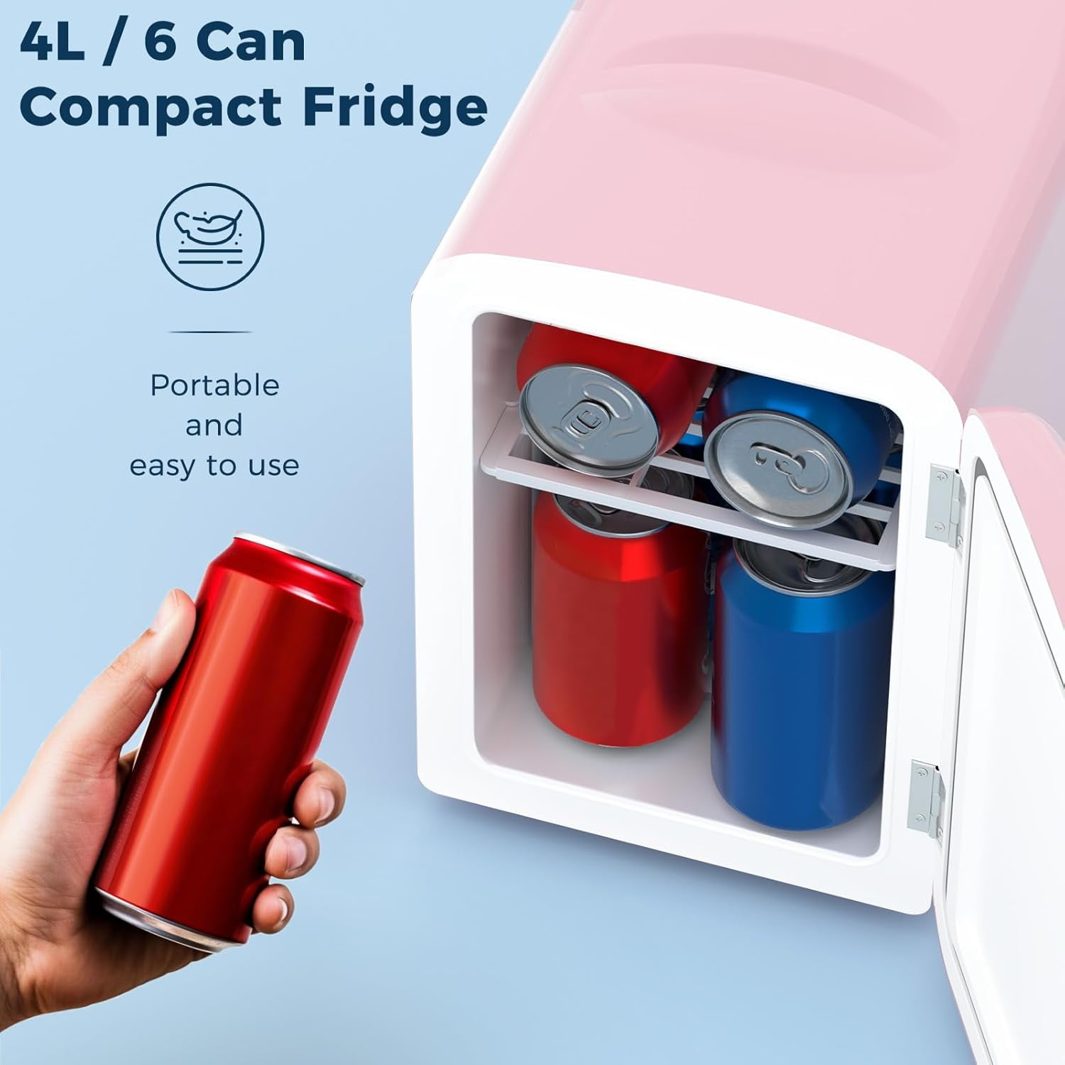 Mini Fridge,4 Liter / 6 Can Small Refrigerator No Freezer for Bedroom,Car,Office & Dorm,AC100-120 V/DC 12 V Portable Thermoelectric Cooler & Warmer for Skincare,Food,Drinks,Wine,Beverage - Pink