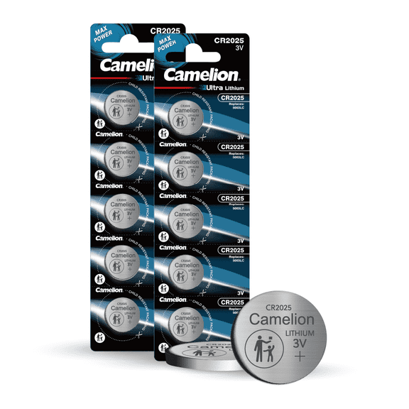 10 Count pack (2x 5pc Cards) Camelion Brand CR2025 Lithium Primary Coin Cell Batteries, 3V, Long Storage Life, High Energy Density, Non-Rechargeable