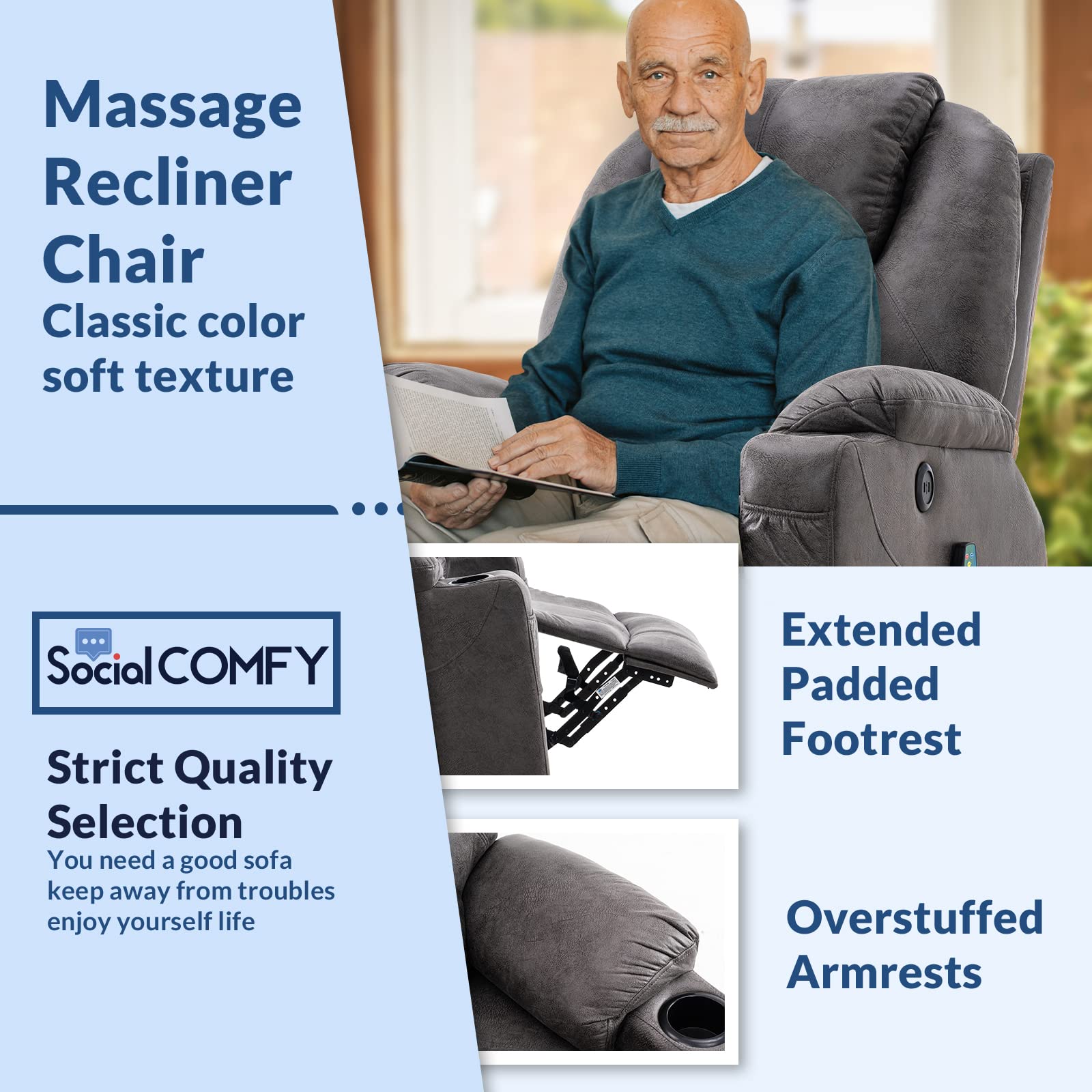 SOCIALCOMFY Swivel Glider Rocker Recliner Chair with Heated Massage Ergonomic Lounge 360 Degree Manual Swivel Sofa Seat with 2 Cup Holders, Side Pockets & USB Ports for Living Room (Gray)