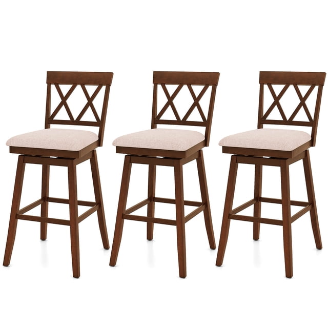 Costway 29" Bar Stool Wooden Chair Set of 3 with Contoured Backrest Swivel Padded Seat Oak