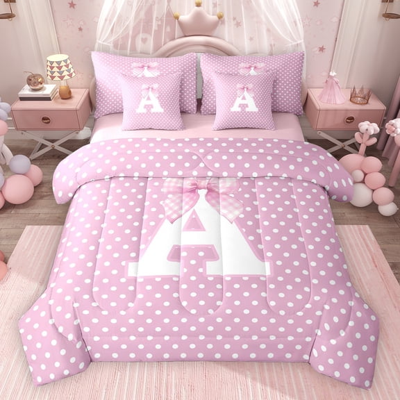 Erosebridal Personalized Initial A Twin Bedding Sets for Girls, Pink Bowtie Polka Dots Bedding Comforter Set, Pink Reversible 7-Piece