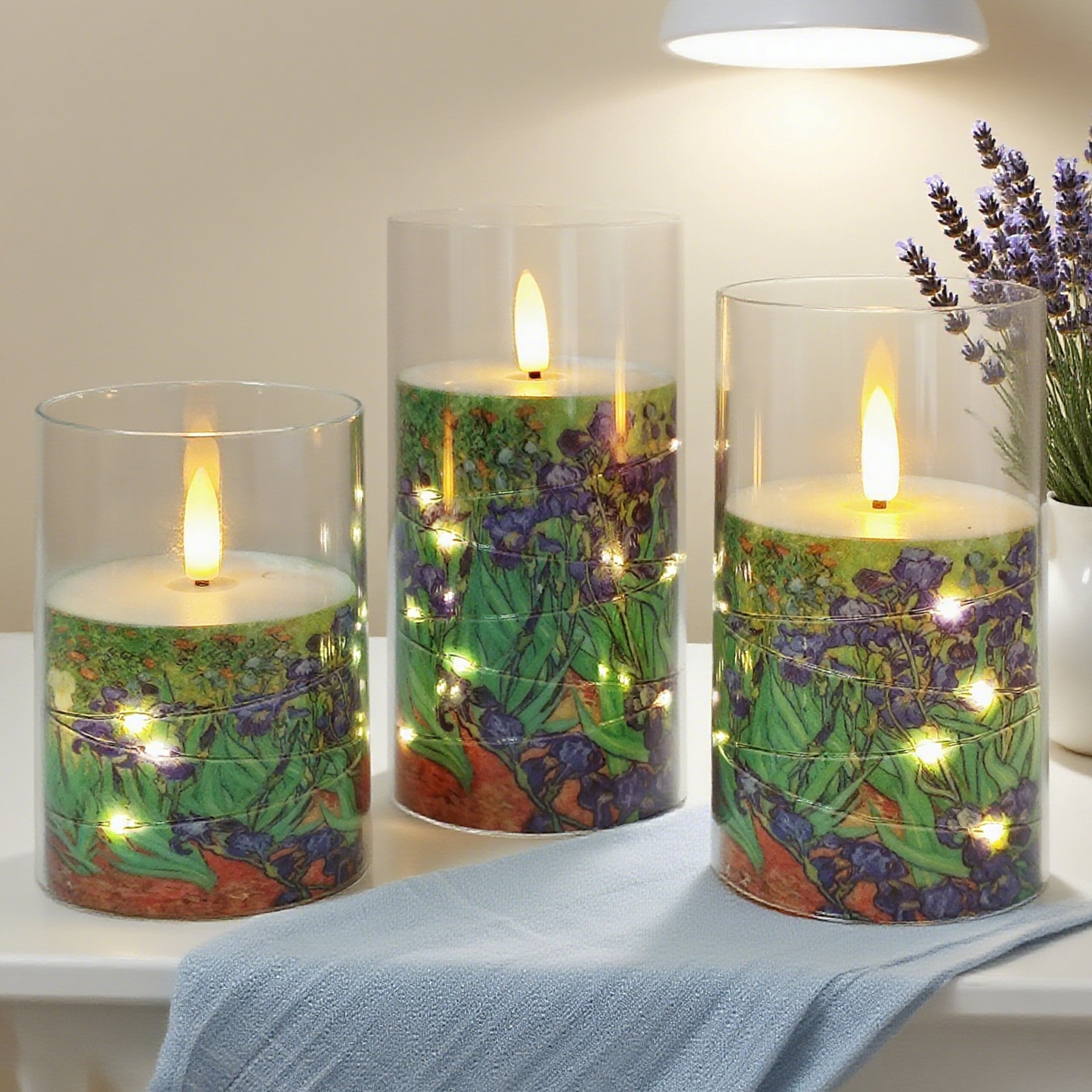 Flameless Candles with String Lights LED Candle Battery Operated Candles with Remote Control,Printed Pillar LED Candles for Wedding Holiday Party Table Home Decorations,Set of 3