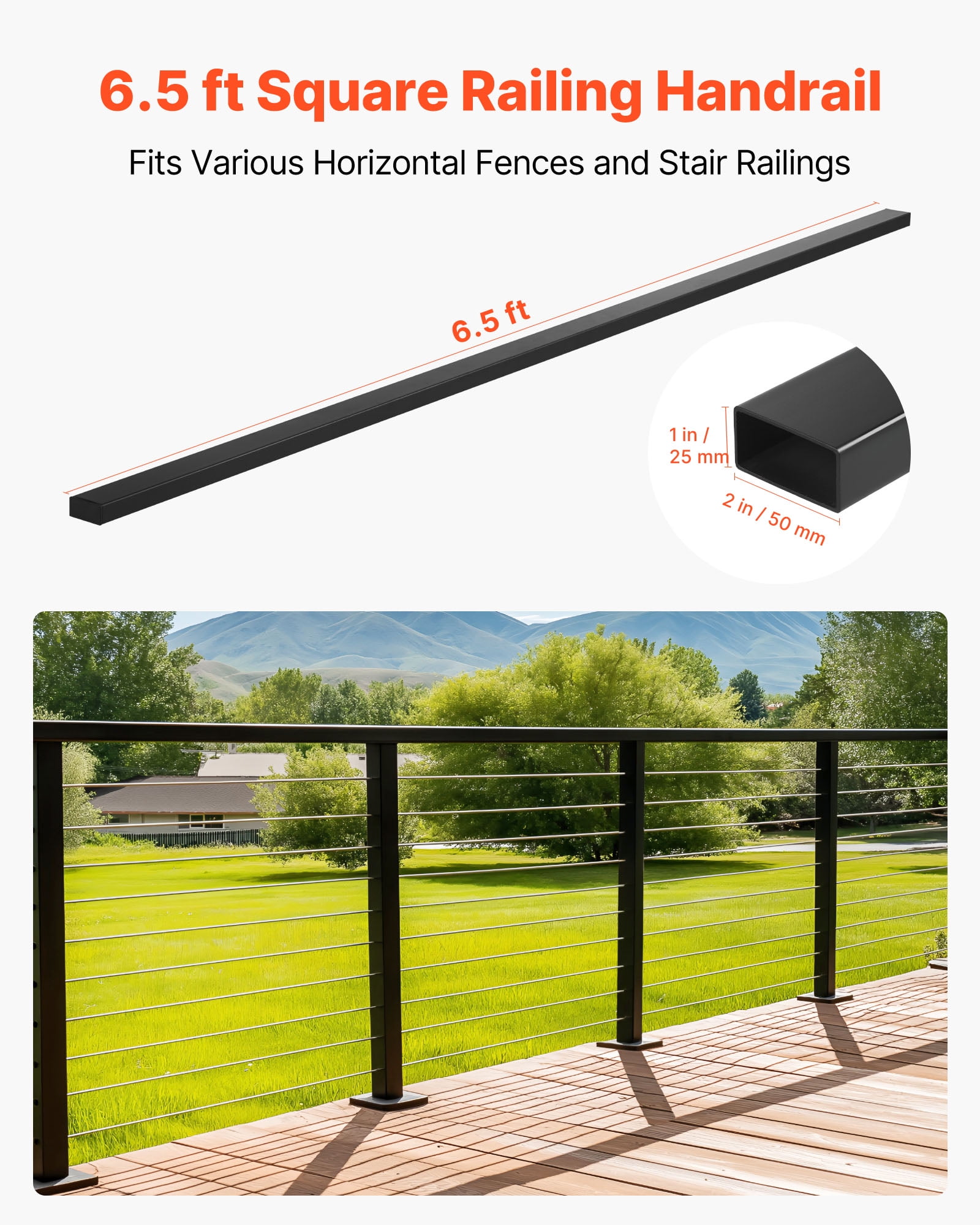 VEVOR 6.5 ft Stainless Steel Handrail, Rectangular Top Stair Deck Hand Rail for Outdoor/Indoor Steps with End Cap,Matte Black Coating Adjustable Metal Stair Rail for Cable Railing Kit