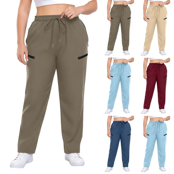 Felirenzacia Big and Tall Women's Long Active Pants with Zip Pockets, Straight Leg Stretchy Adjustable Drawstring Cargo Trousers for Plus Women, Coffee,L