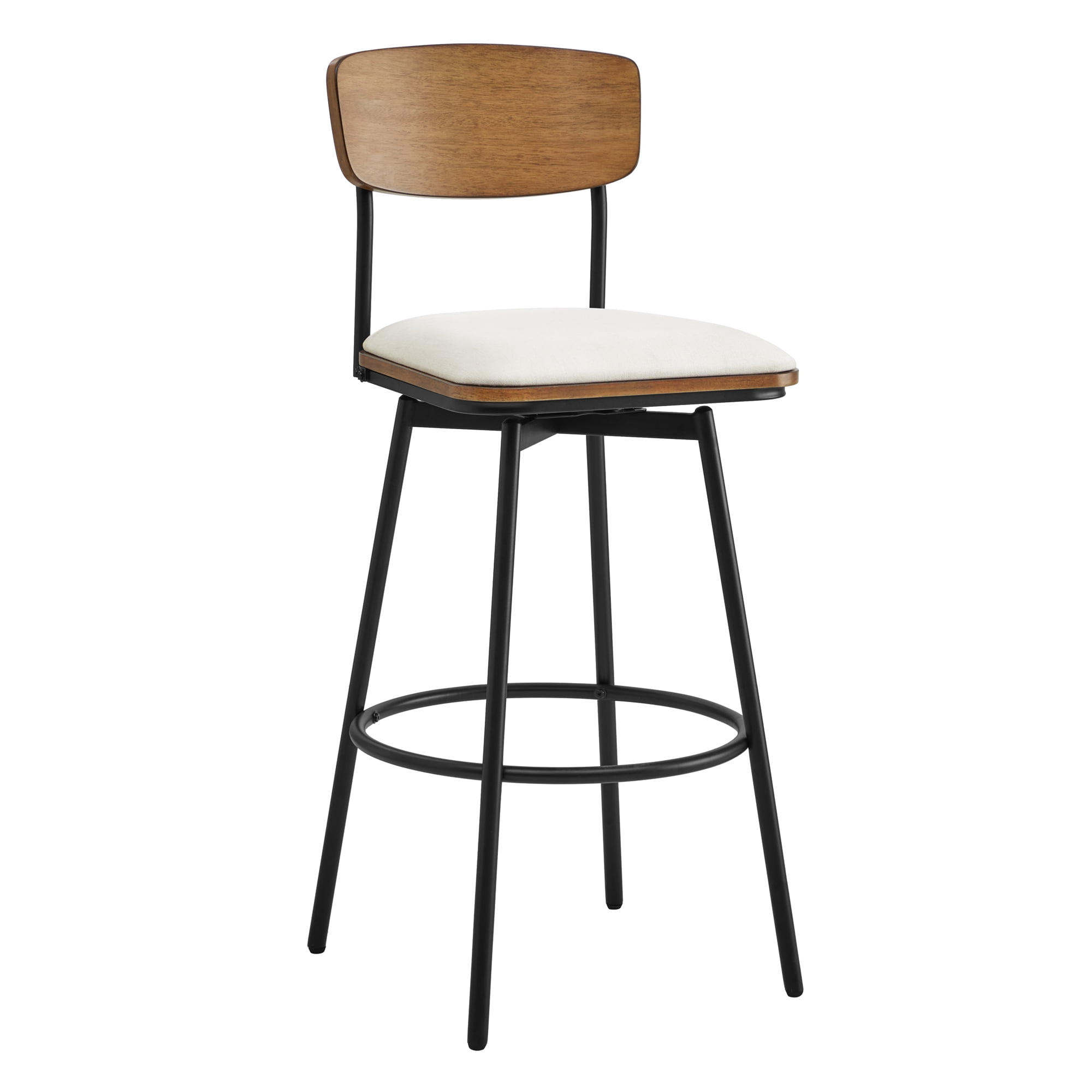 Spruce & Spring Bar Height Swivel Bar Stool with Wood Back and Metal Base Set of 2, White, Fabric