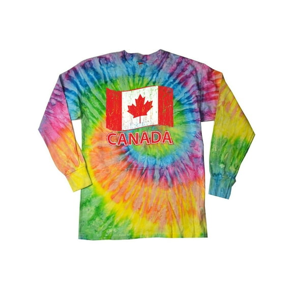 Distressed Canada Flag Long Sleeve Tie Dye Tee Shirt - Saturn, XL