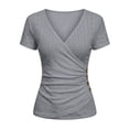 thumbnail image 4 of yillto Womens Summer Blouse Wrap V Neck Short Sleeve Tops Fashion Ruched Tunic Shirts Spring Business Tee, 4 of 7
