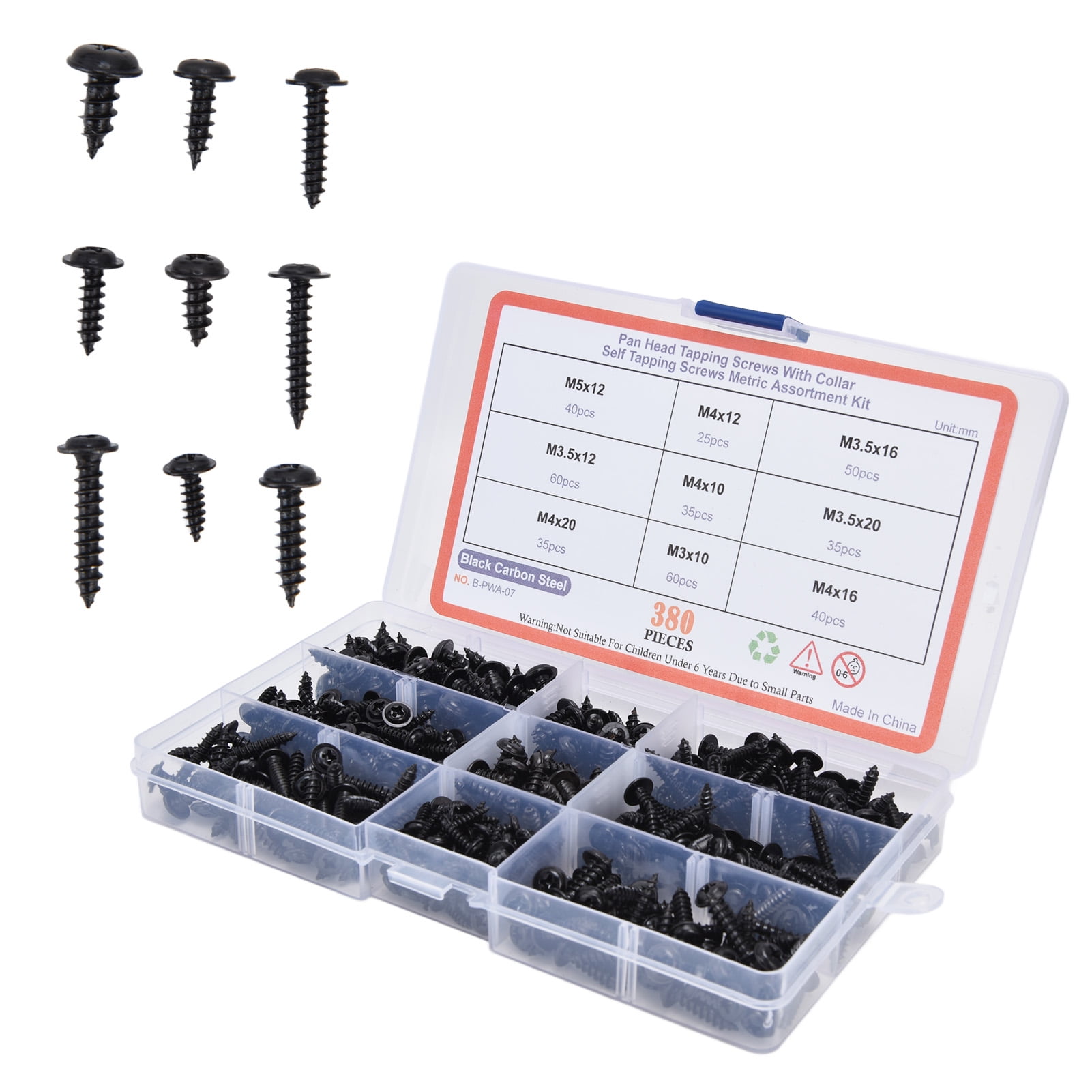 YOUTHINK Round Head Tapping Screw,380Pcs Self Tapping Screws Kit Black
