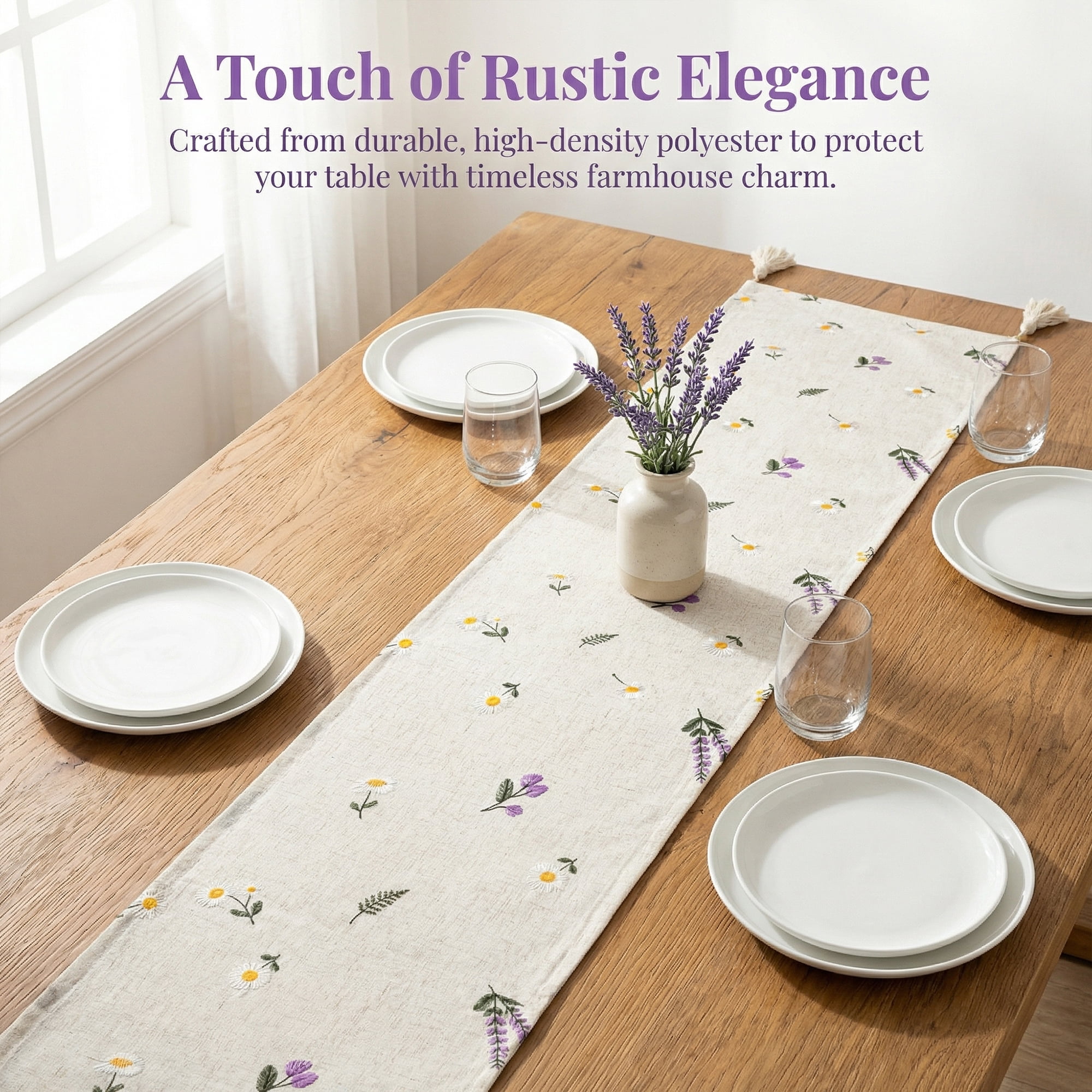 Unique Bargains Table Runner for Kitchen Decor with Tassel Lavender 11.8x86.6in