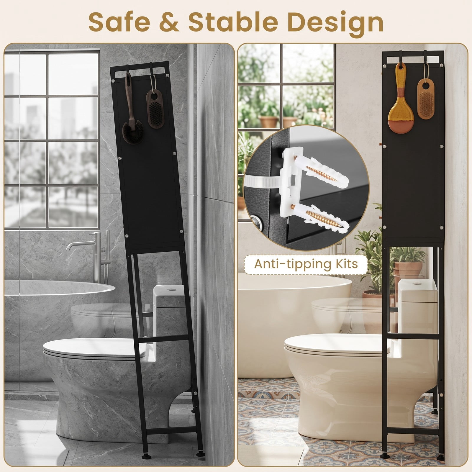 ALPULON Over the Toilet Cabinet Bathroom Organizer with 2 Flip-Up Fluted Door Cabinets and 4 Side Hooks for Storage, Black