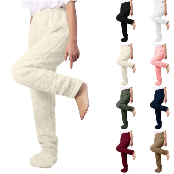 Frostluinai Pantalon de Pyjama en Molleton pour Femmes Hiver Duveteux Chaud Pantoufle en Peluche Bas de Sommeil Uni Taille Élastique Pantalon de Détente Pj