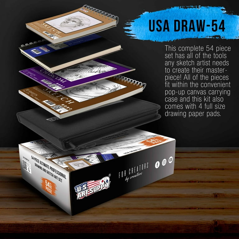 54-Piece US Art Supply Drawing & Sketching Set with 4 Sketch Pads -  Ultimate Artist Kit with Graphite, Charcoal, Pastels, Erasers in Pop-Up  Carry Case