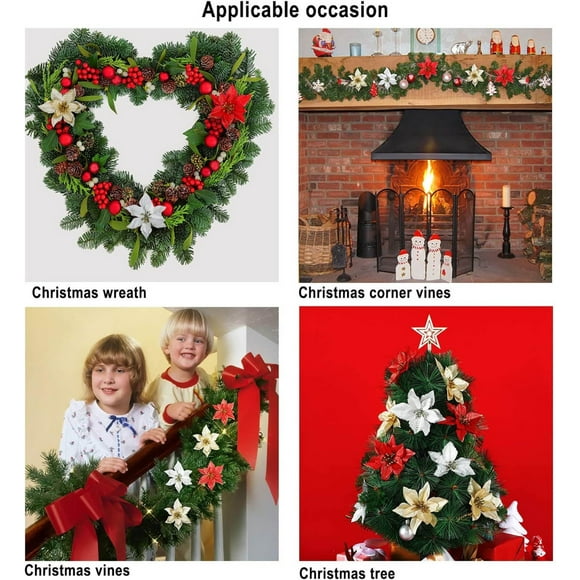 Easter Artificial Flowers - Glitter Christmas Tree Ornament Artificial Flowers Decorative Artificial Flowers for Christmas Tree Wedding Decorations Xmas Tree Wreaths (Red),