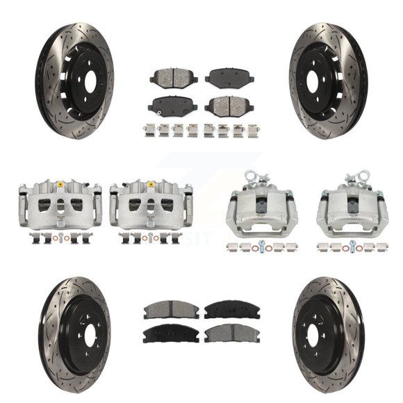 Transit Auto Front Rear Disc Brake Coated Caliper Drilled Slotted Rotors and Semi-Metallic Pads Kit (10Pc) for Car Ford Explorer Flex Taurus Police Interceptor Sedan Special Service KCD-100298S