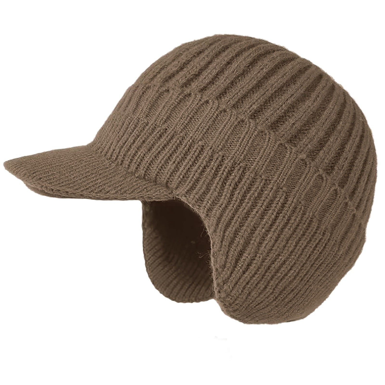 Winter Beanie for Men with Brim and Ear Flaps Outdoor Warm Windproof Fleece Lined Knit Hat Stocking Caps Brown One Size