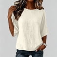 thumbnail image 5 of HongQid Womens Linen Blend Top Blouse Round Neck Loose Fit Solid Color 3/4 Sleeve Breathable Fabric Curved Hem Tunic Shirts, 5 of 6