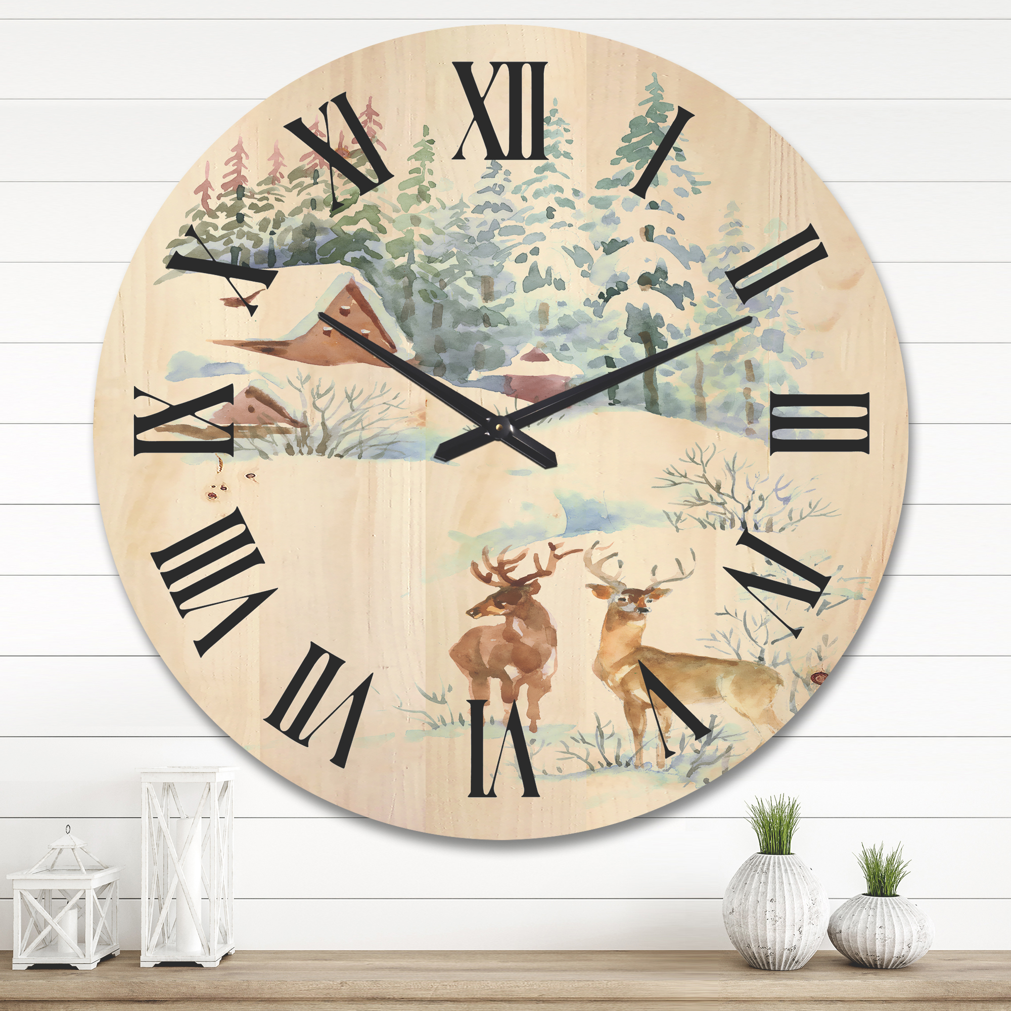 Designart 'Two Deers With Winter Cottage' Farmhouse Wood Wall Clock