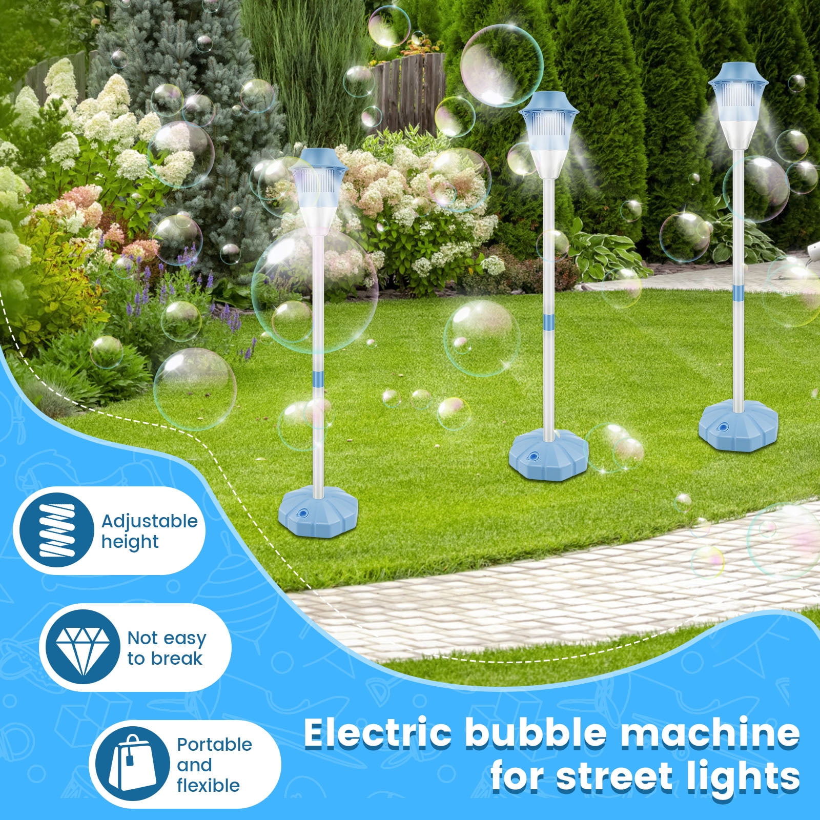 Threns Bubble Machine with Lights and Music Flexible Bubble Blower Adjustable Vertical Bubble Machine Portable Bubble Maker for Outdoor Birthday Party Wedding