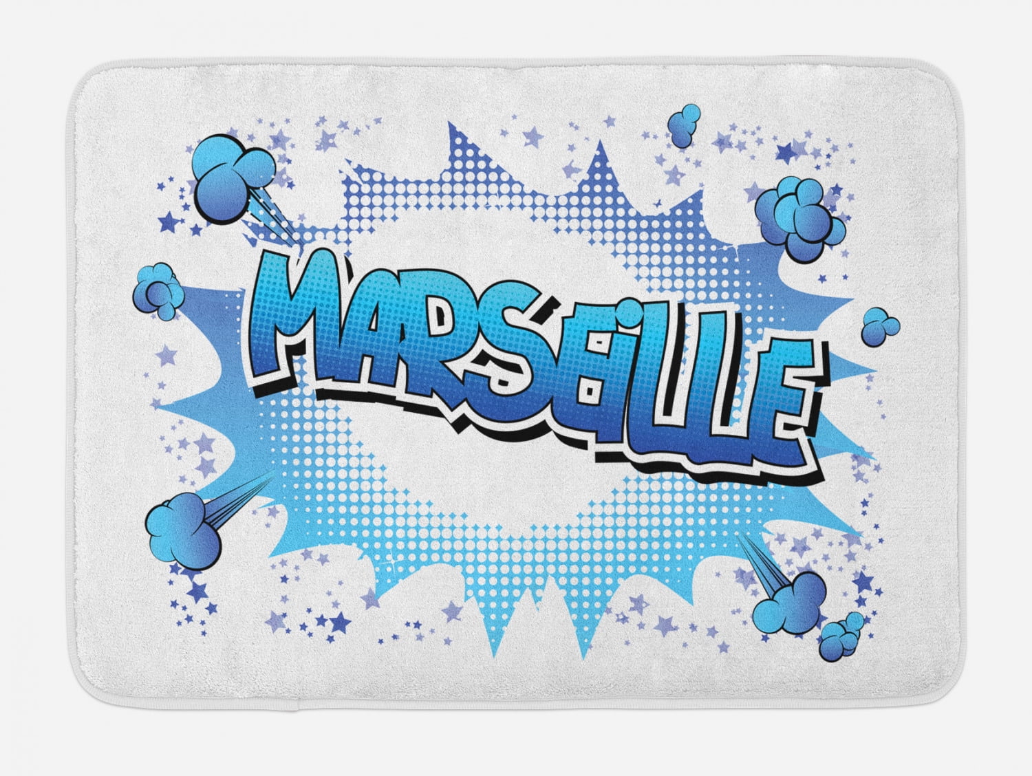 France Bath Mat Marseille Text Cloud Designed As Comic Book Style On Plain Background Plush Bathroom Decor Mat With Non Slip Backing 29 5 X 17 5 White And Azure Blue By Ambesonne