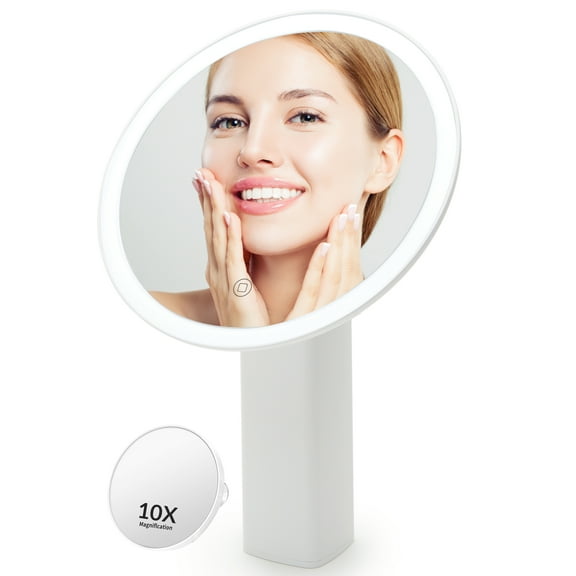 Lighted Makeup Mirror with Led Lights&10X Magnifying,SGUTEN Small 3-Color Lighting Smart Round Desk Mirror Touch Screen,120°Adjustable, Daylight Cosmetic Vanity Mirror with Stand for Make Up-White