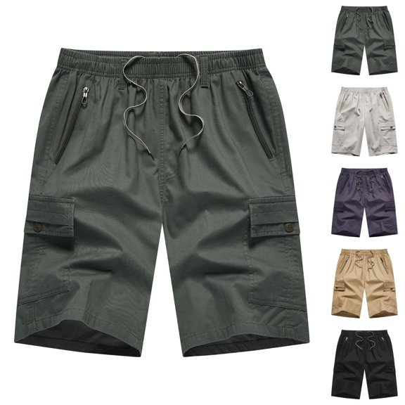 Cargo Shorts for Men Elastic Waist Straight Leg Loose Fit Casual Knee Length Hiking Work Shorts with Pockets