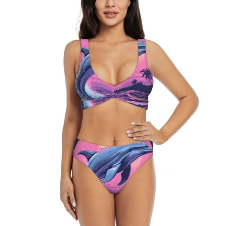 Zeuib Hawaiian Beach Dolphin High Waisted Tummy Control Bikini Set - Knot Front Push Up Top & Cheeky Thong Bottom  Two-Piece Swimsuit for Women-XX-Large