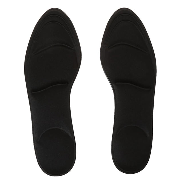 plantillas unisex yuyangstore 3d 4d para zapatos negro, par frontal centrado con relieve: plantillas negras de superficie de algodón y base de esponja, almohadilla redonda en talón y soportes elevados en arco y antepié, largo aprox. 24 cm (talla única), recortables y diseñadas para absorción de impactos y soporte para el arco; también suelen usarse para dar mayor acolchado en zapatos deportivos o de uso diario.