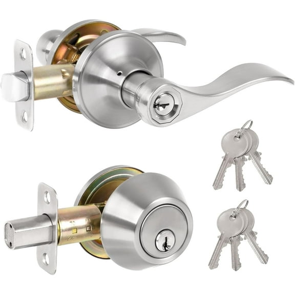 Keyed Alike Front Door Lever Lockset with Single Cylinder Deadbolt, Entry Door Lock Set Exterior Door Knob with Lock and Deadbolt, Satin Nickel Finished Door Handle with Wave Style