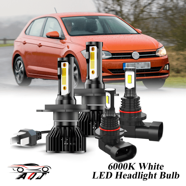 Juego Combinado de Bombillas LED Volkswagen Polo 2019 2020 para Luz Alta/Baja + Antiniebla, Kit de 4 Unidades: 2x 9003/H4 para Faros Principales + 2x 9005/9145/H10 para Faros Antiniebla