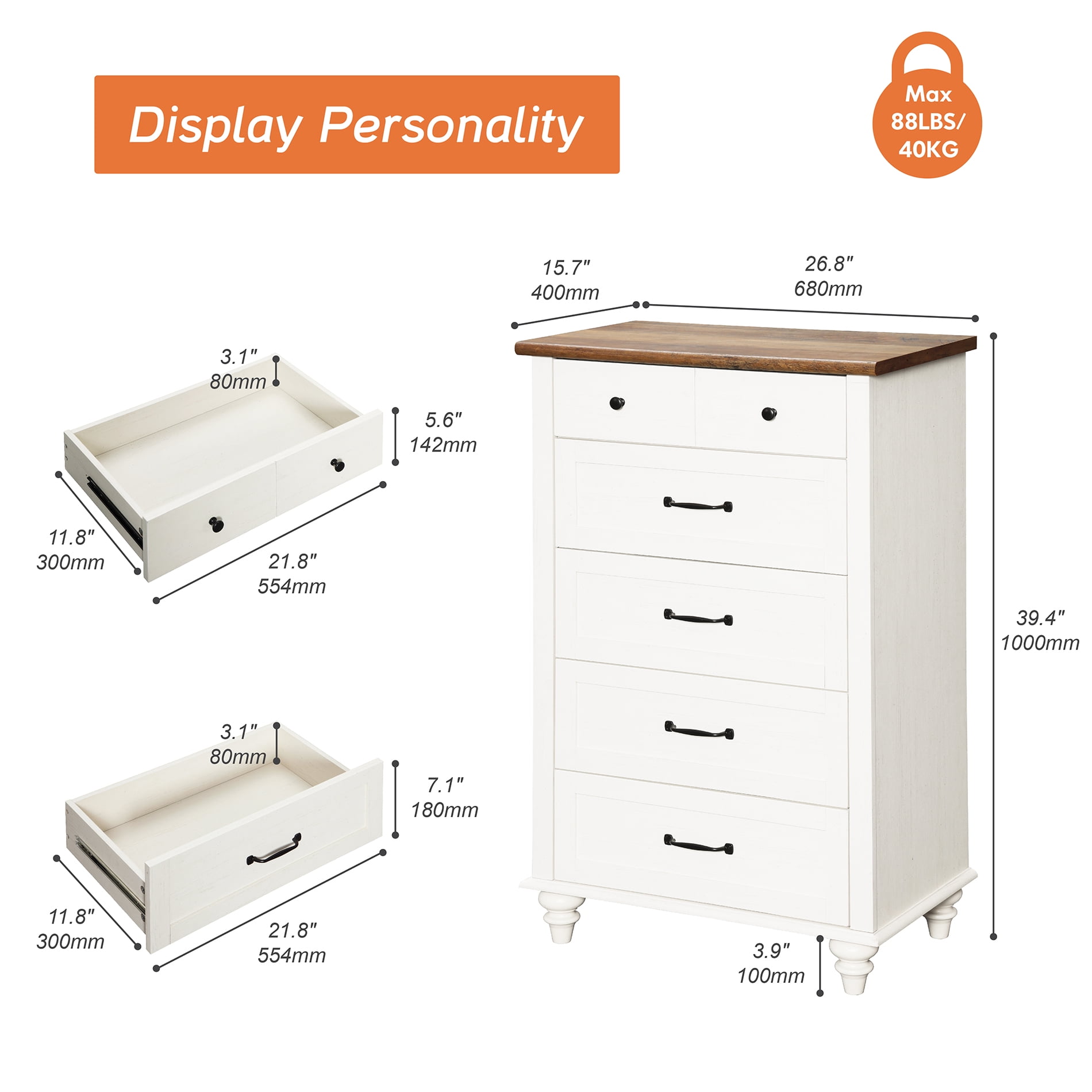 Mid Century Dresser with 5 Drawers, Tall Kids Dresser TV Stand for Living Room Kids Room, White