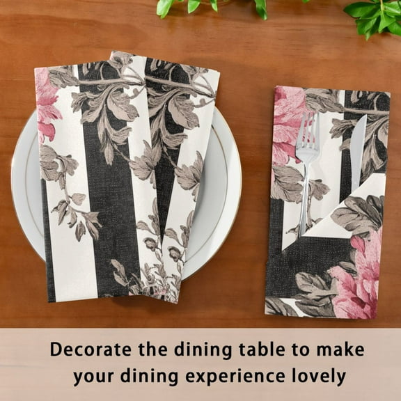 Satin Native Fab Cotton Dinner Napkin Black White Stripes Pink Roses Reusable