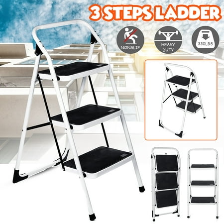 Grtsunsea Foldable 3-Step Stool Ladder Tool Equipment Non Slip Safety Tread Step Ladder Platform for Household Kitchen Cleaning Indoor, Outdoor, 330LB Load Capacity, Easy