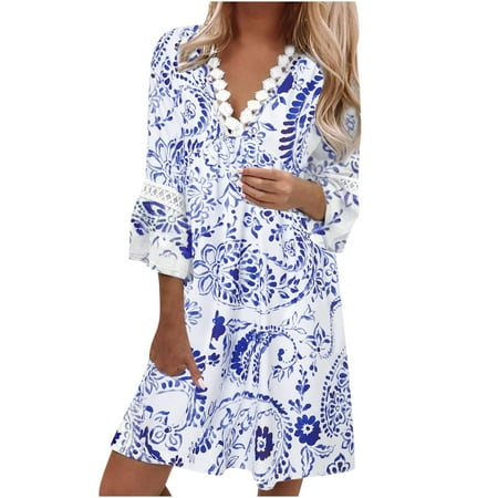 

Ziloco Long Sleeve V-Neck Dress Maternity Dress Women Casual Summer Dresses 3/4 Sleeve Party Tunic Swing Casual V Neck Boho Paisley Print Lace Trim V-neck Midi Dress
