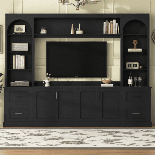 Modern Arched Farmhouse TV Stand for TVs up to 65 Inches, Entertainment Center with Drawers, Cable Holes and Adjustable Shelves, Black