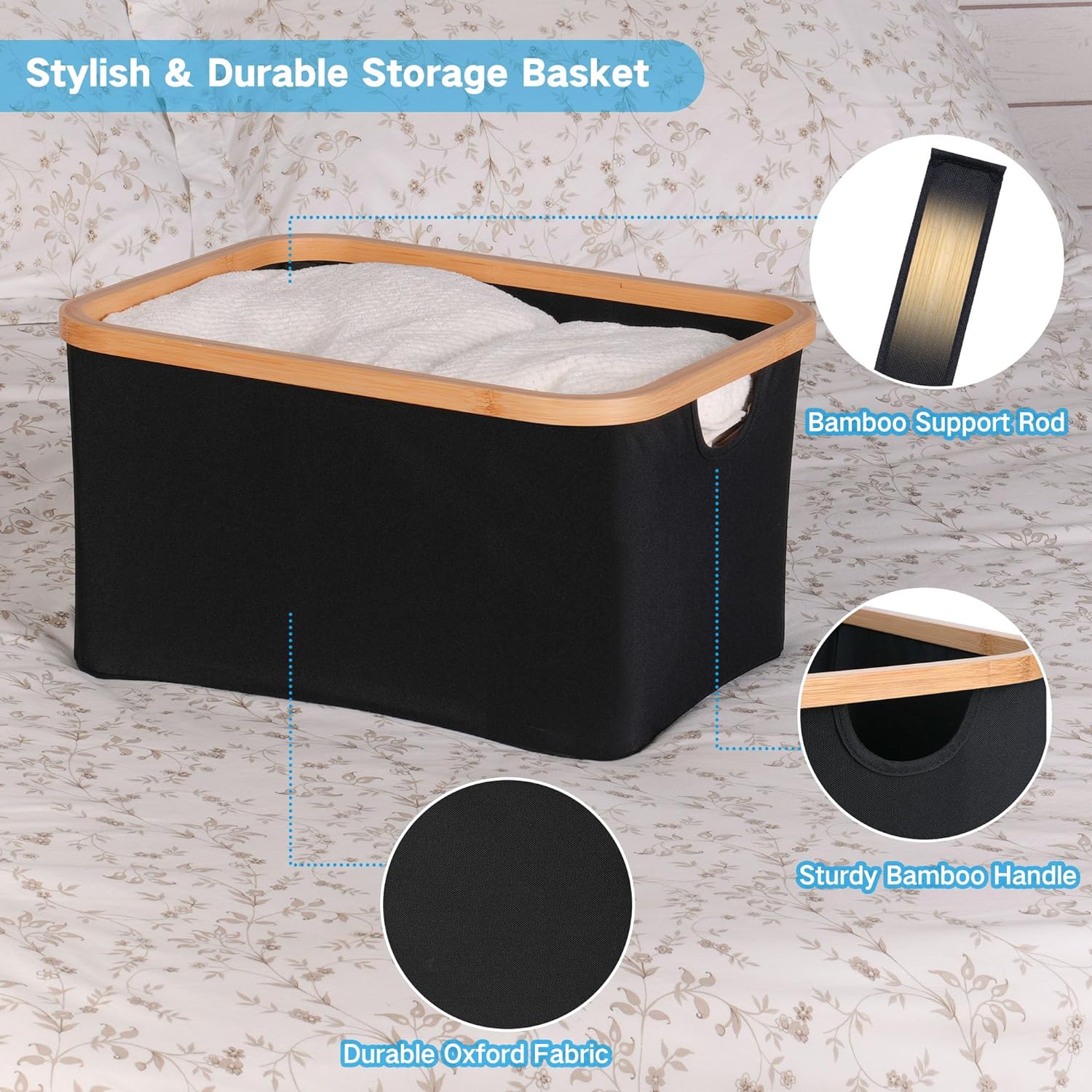 Storage Baskets for Organizing, Fabric Storage Bins with Bamboo Handles, Collapsible Storage Baskets for Shelves and Closet (Black, 16.2'' x 13'' x 9.1'')