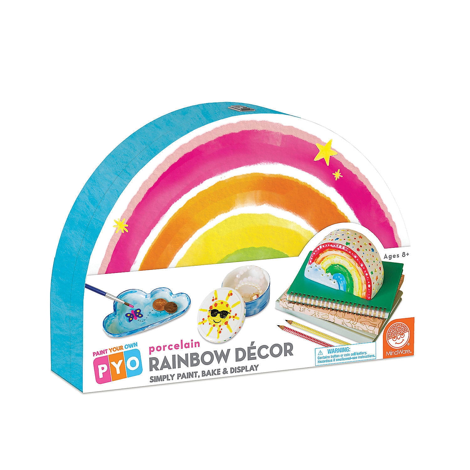 MindWare Paint Your Own Porcelain: Rainbow Décor Set with Tea Light, 12 Paints & 2 Brushes, Creative Pottery Crafts & Gift Kits for Kids Ages 8 and Up