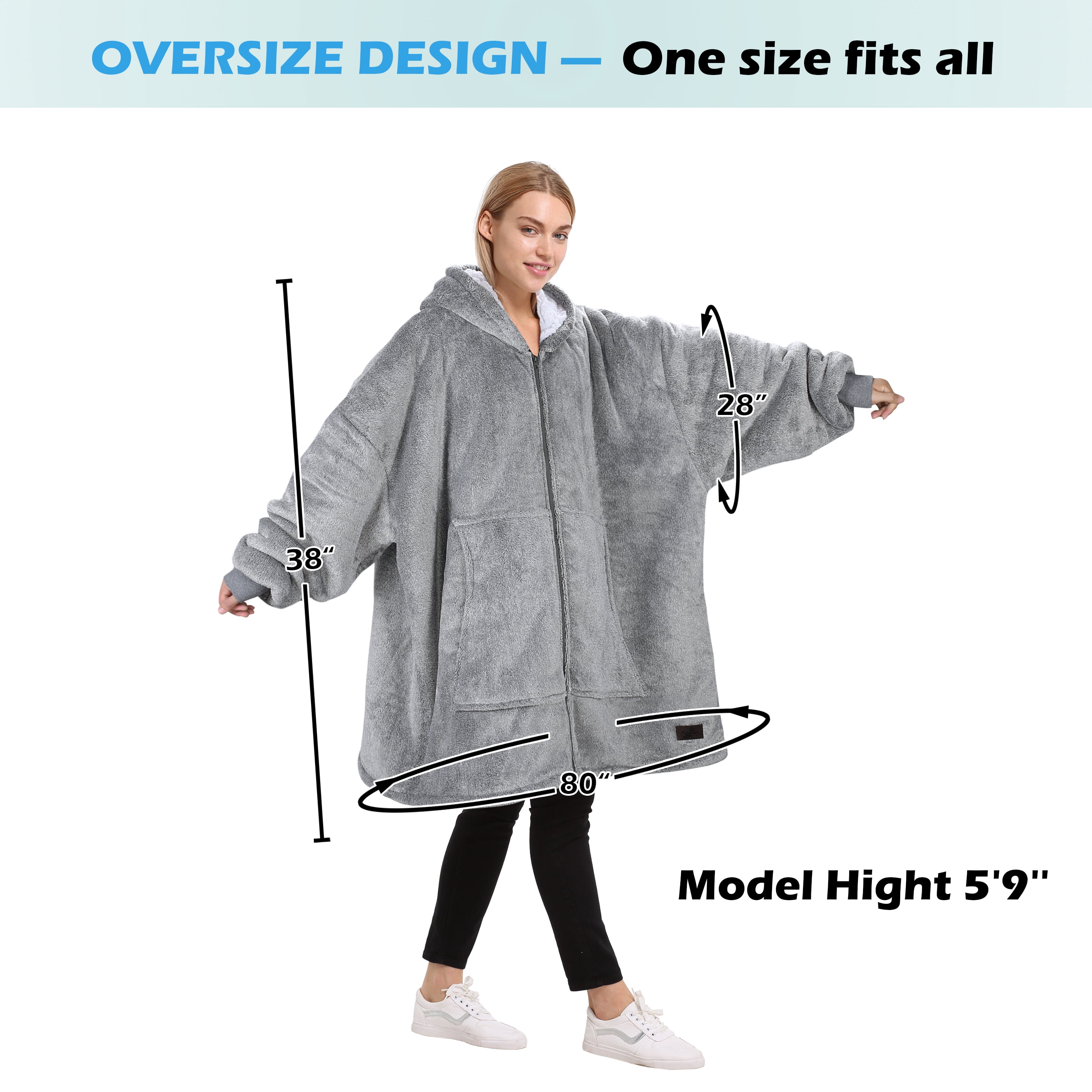 Catalonia Oversized Hoodie Blanket with Zipper, Wearable Sherpa Sweatshirt Pullover, Soft Warm Comfortable Jacket for Adults Men Women, Ash Grey