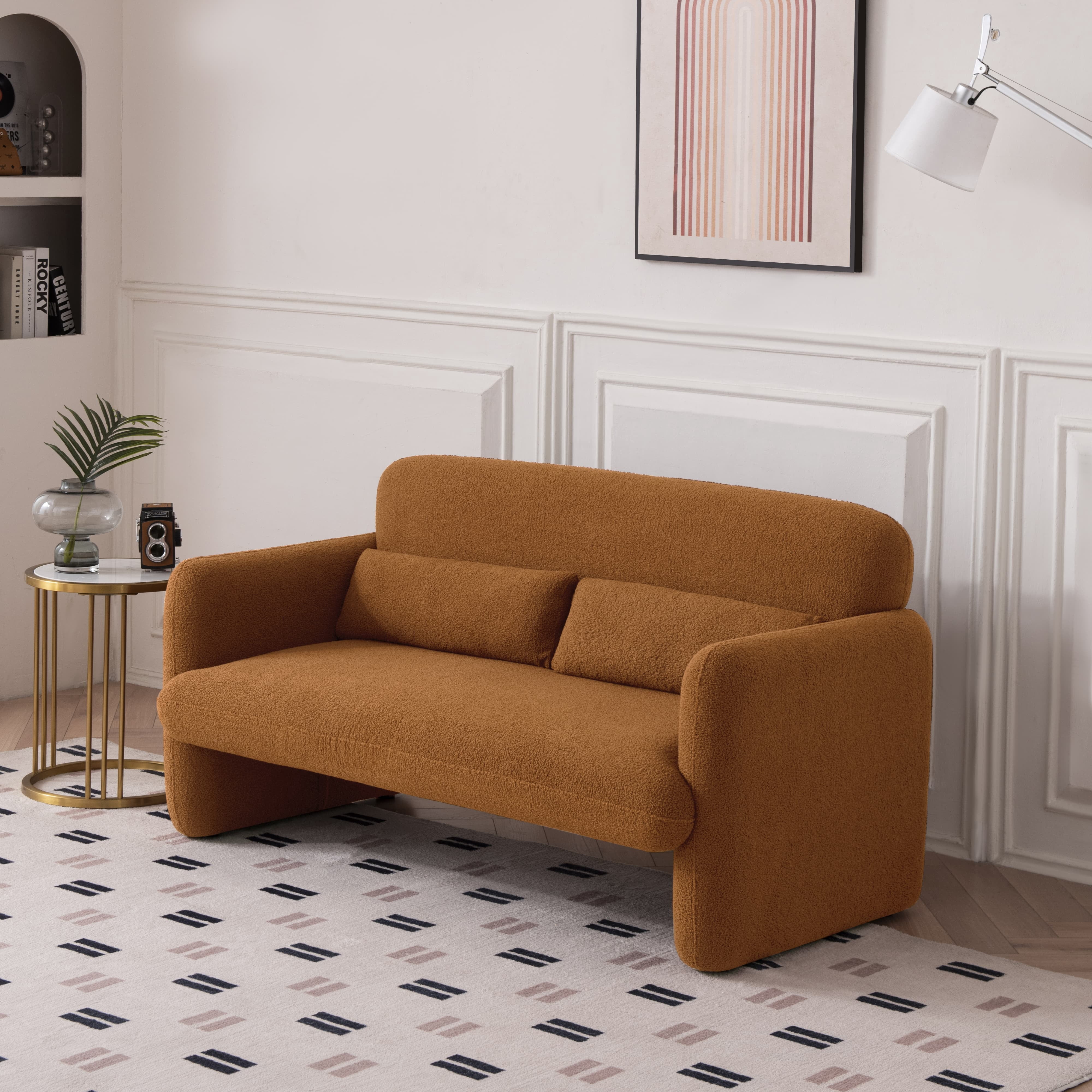 MAYEERTY Modern Lamb Fabric Loveseat Sofa Solid Wood Frame Toss Pillow Included
