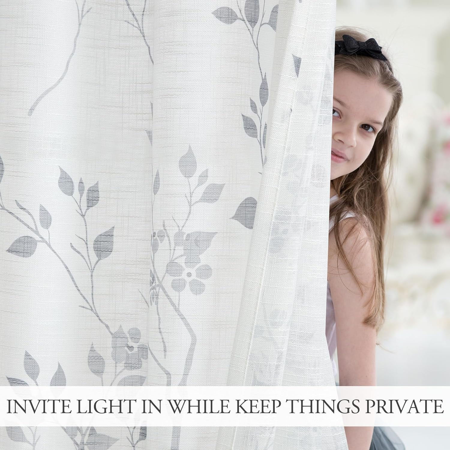 Floral Linen Semi Sheer Curtains 84 Inches Long 2 Panels for Living Room Bedroom Grey Farmhouse Flower Patterned Light Filtering Textured Grommet Top Window Treatments Drapes, 50x84 2 Set