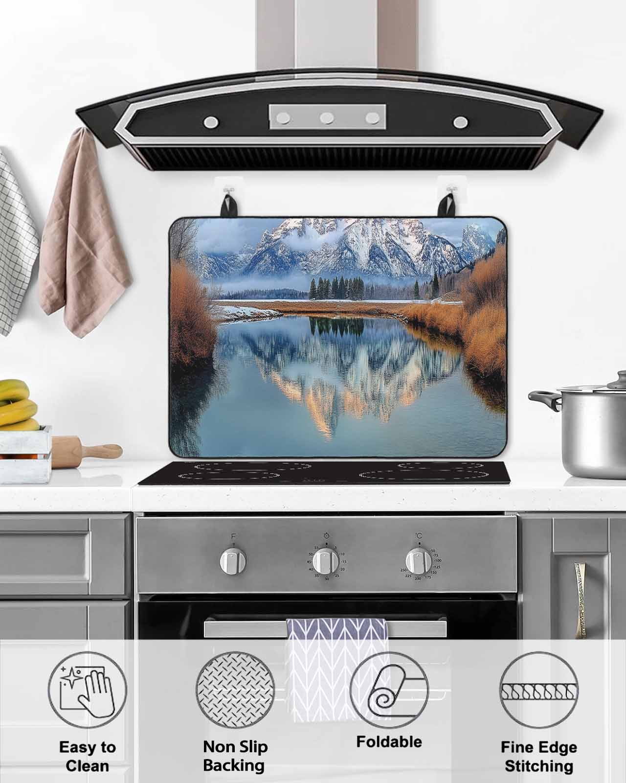 nqOlkjepod Large Induction Cooktop Protector Mat 36"x21", Grey Mountain Stove Top Covers for Electric Stove, Modern Art Forest Lake Decorative Stove Burner Cover Mats, Glass Top Stove Cover