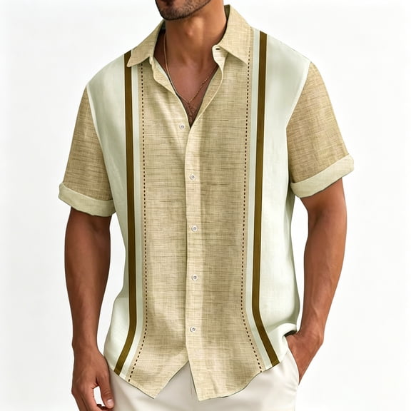 Uwinwear Men's Vintage Bowling Shirt Short Sleeve Button Down Summer Beach Shirts Hawaiian Vacation Lightweight Tops Breathable Casual Wear,Khaki,L