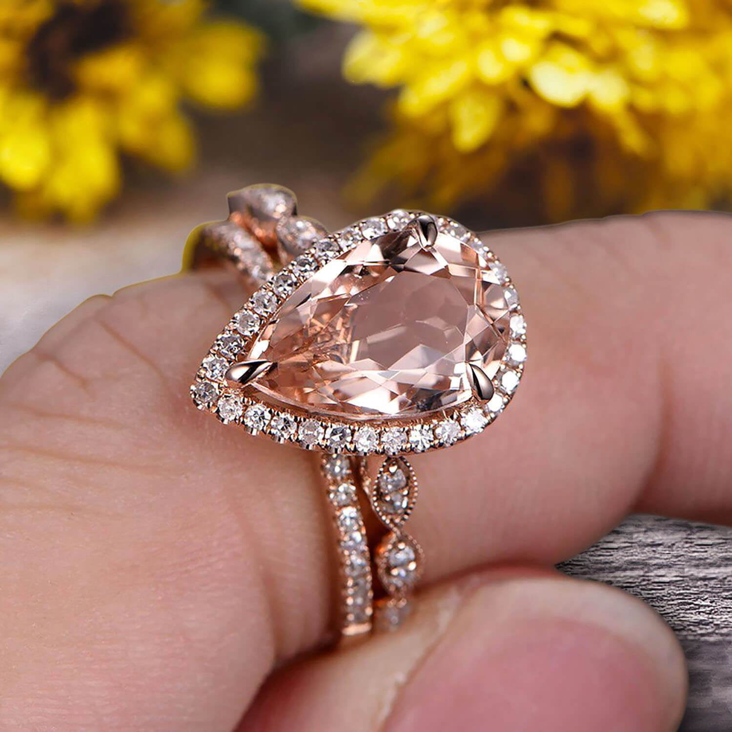 Blue Diamond Wedding Ring Set 14K Rose Gold Ring with Matching Band Art  Deco Engagement Ring Set - Camellia Jewelry