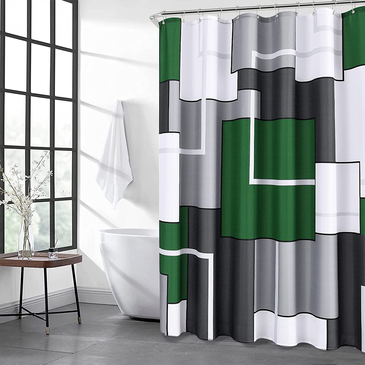 Modern Shower Curtain Green,Black and White Shower Curtains for  Bathroom,Waffle Textured Fabric Shower Curtain Set with 12 Hooks, Water  Repellent Bathroom Curtain for Hotels Bathtubs,72 x 72 Inch 