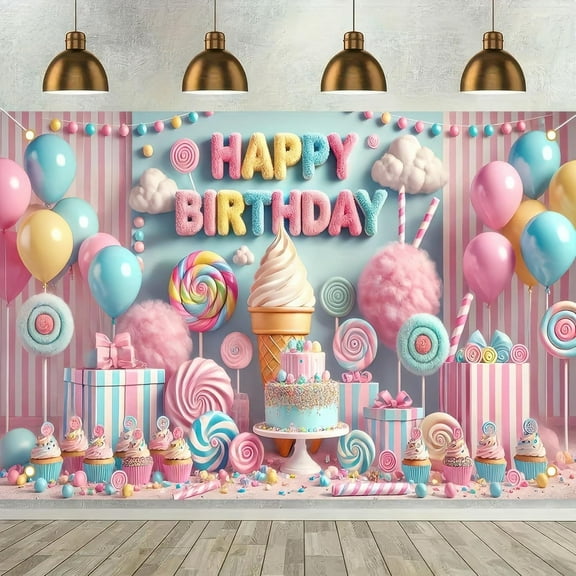 Happy Birthday Banner Colorful Sweet Candy Birthday Party Backdrop Ice Cream Cotton Candyland Party Decoration Background for Kids Newborn Baby Shower Decor Supplies