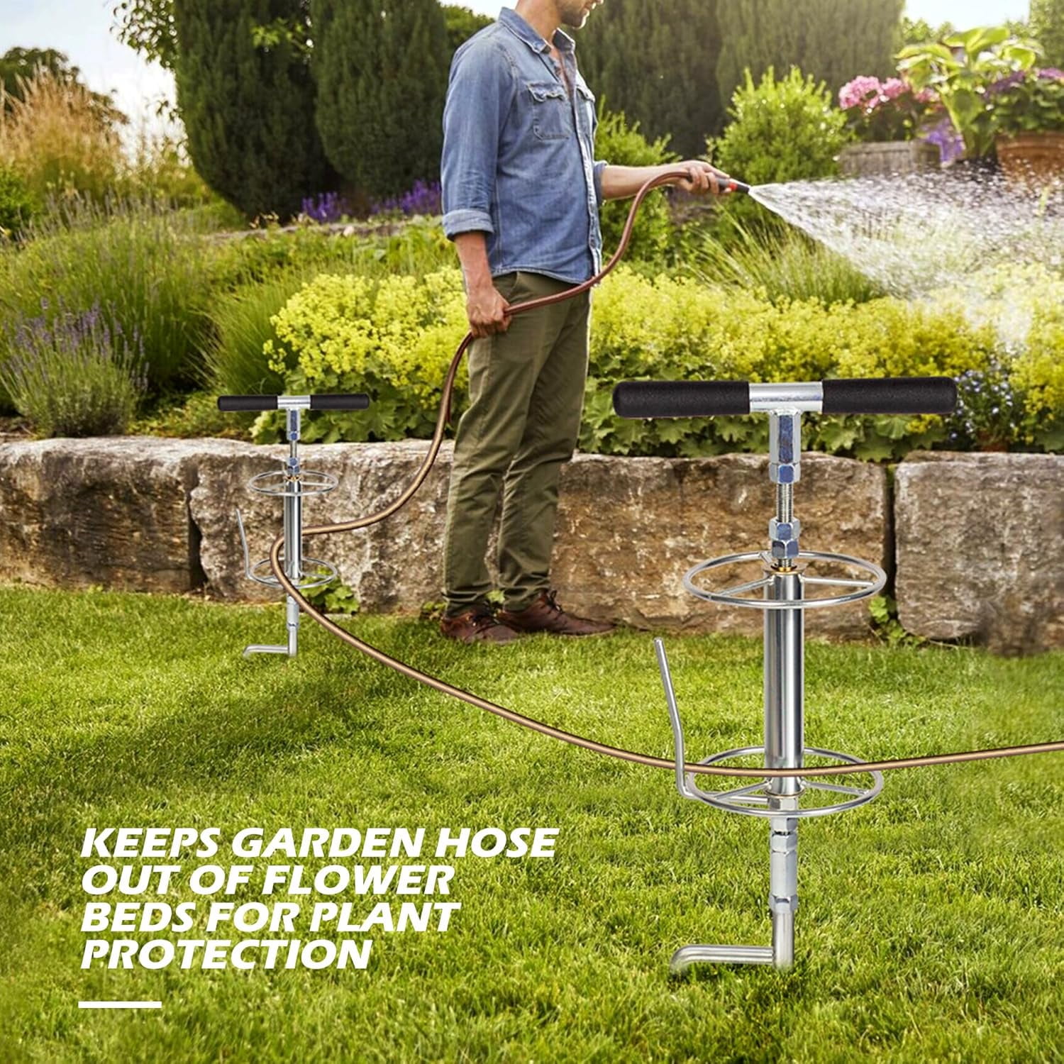 Walensee 32" Garden Hose Guide Spike Right Angle Hose Pulling Stand, Heavy Duty Metal Hose Reel for Garden Corner Auxiliary Watering Hose Reel, Lawn & Garden Watering Equipment, Plant Protector