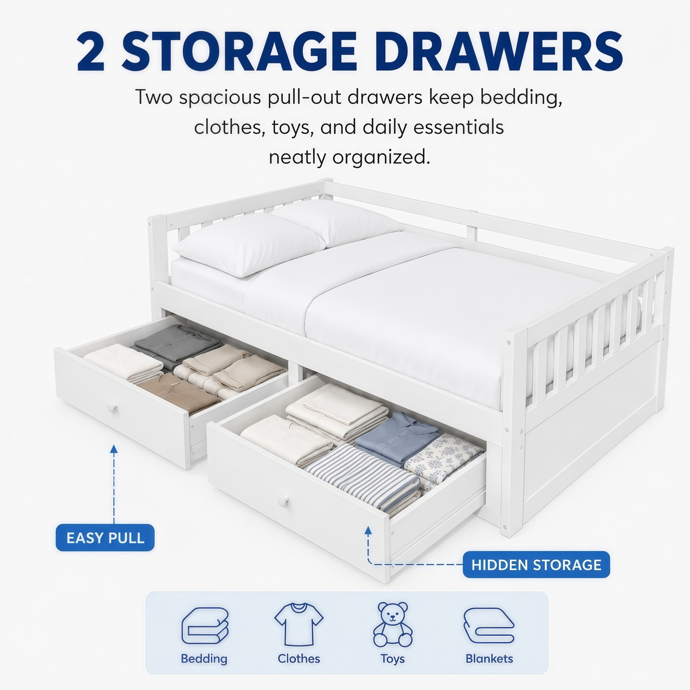 Noble House Twin to King Extendable Daybed with Pull-Out Trundle, 2 Drawers & Guardrails, White