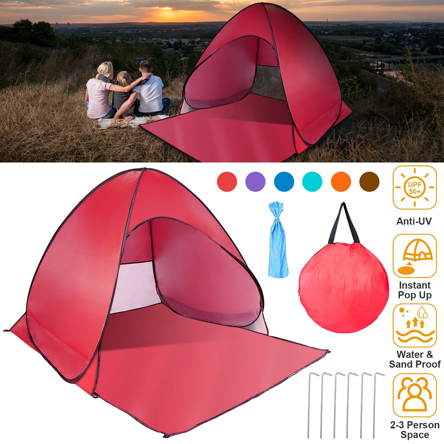 Imountek Pop up Beach Tent, Instant Camping Tent for 2-3 People, UV Protection, Waterproof, Portable with Storage Bag, Red